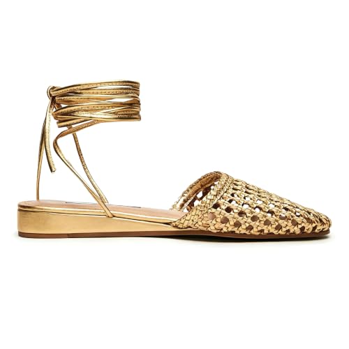 Image of Woven Ballet Flats for Women Lace Up Closed Square Toe Summer Sandals Dressy Shoes