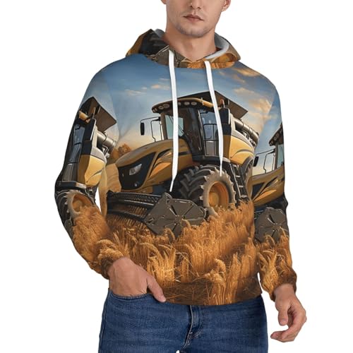 Men's Fleece Pullover Hoodie Long Sleeve Hooded Farm Tractor Harvest Sweatshirt Casual Shirts With Pockets Small Black
