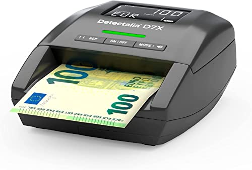 Detectalia D7X - Detector de billetes falsos con 7 sistemas de detección, 100% detección ecb.int, para 6 divisas incluido el euro, pequeño, robusto y durable, modo de contador de billetes uno a uno