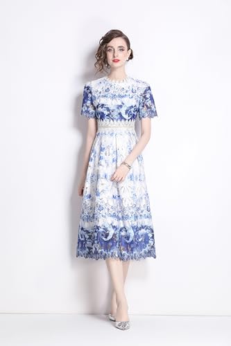 Image of LAI MENG FIVE CATS Women's Lace Floral Short Sleeve Crochet Waist Cocktail Midi Dress