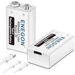 Cargador Y Pilas Recargables 9V ENEGON 9V USB Directa Recargable Batería 650mAh Lito-Ion con Cable USB Type-C 2 en 1 para Micrófonos, Alarma de Humos, Juguetes electrónicos, Walkie Talkie y Más aparatos (2 Baterías)
