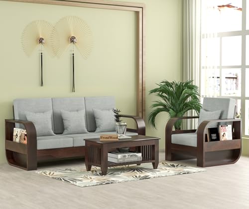 Image of Wooden 4 Seater Sofa Set with 40 Density Cushion for Living Room, Four Seater Sofa for Office & Lounge, 3+1 Seater Sofa Sets for Home, Sheesham Wood (Walnut,Grey)