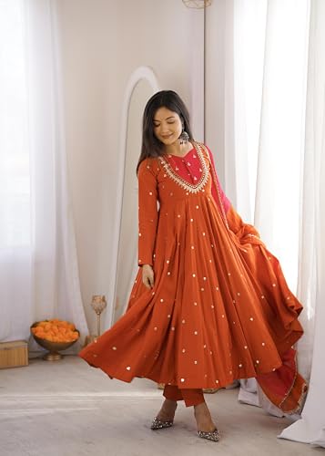 Image of Women Elegant Embroidered Sequence Anarkali Three Piece Set with Real Mirror Designer Work | Women's Premium Flared Ethnic Suit Set with Kurta, Bottom & Dupatta Orange