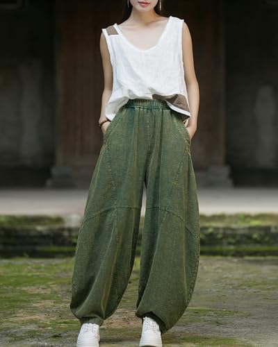 LUZU JUNU Women's Vintage Cotton Linen Baggy Pants Elastic Waist Wide Leg Lantern Casual Trousers Loose Fit4