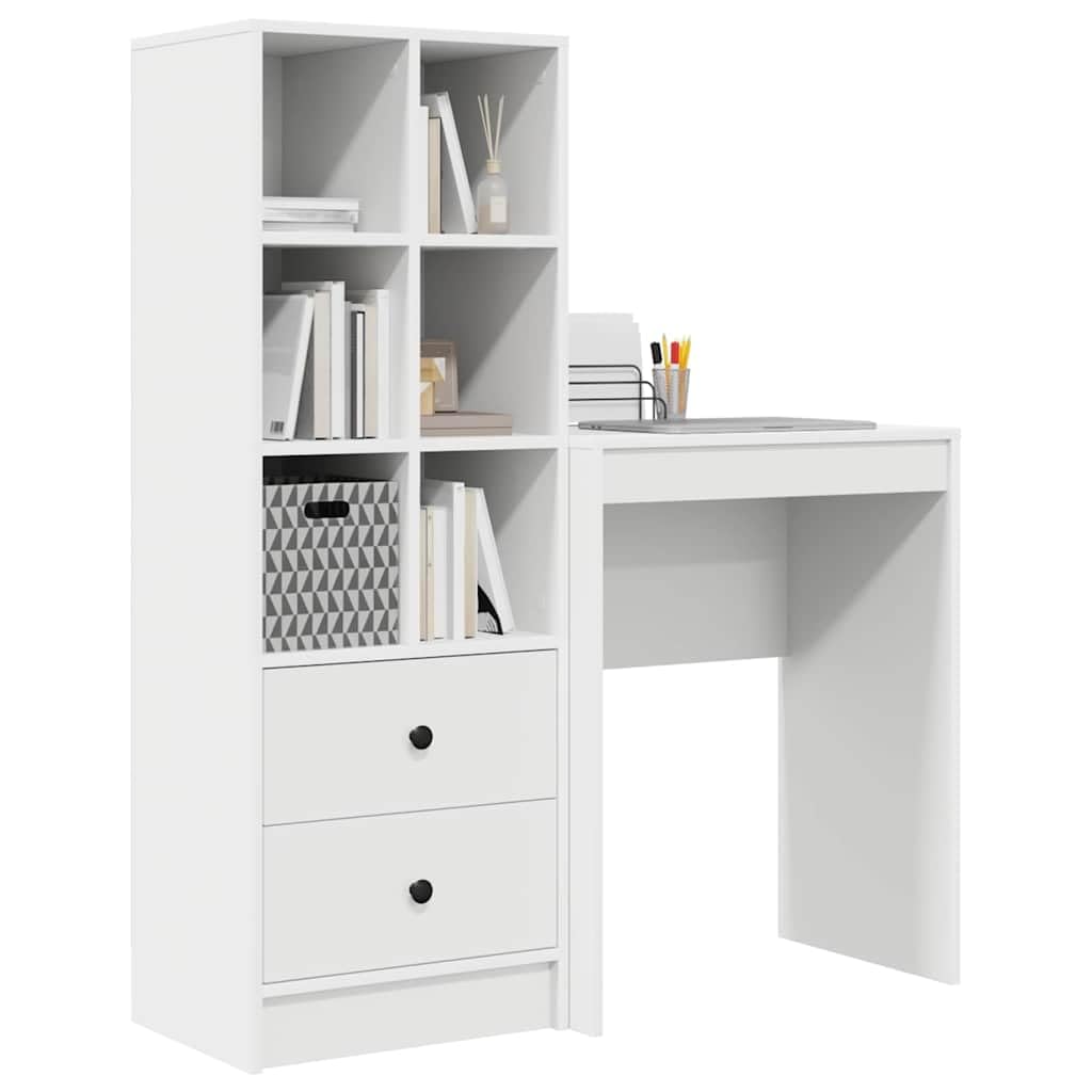 Biurko z szufladami z materiału drewnopochodnego, białe, 2-częściowe, 105,5 x 34 x 127 cm, nowoczesne biurko komputerowe do gabinetu i gier, trwałe, duży stół do biura i domu
