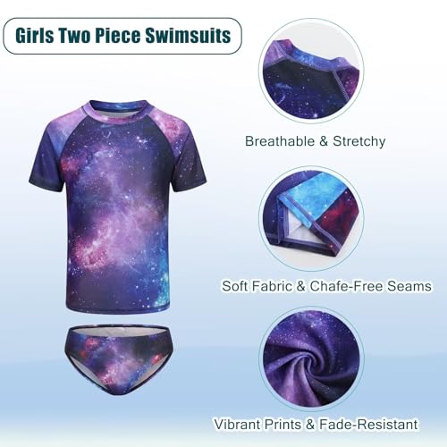 Image of Girls Two Piece Swimsuits Short Sleeve Rash Guard Swim Shirt Bikini Bottom Swim Set Bathing Swim Set Swimwear 3-16 Years