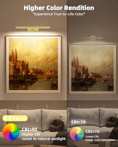 EZVALO Picture Light for Wall, 4800mAh Rechargeable Wireless Lights, 16'' Dimmable IR Remote Magnetic LED Art Painting Light with 3 Color Temps, Display for Gallery, Living Room, Bedroom(Gold)