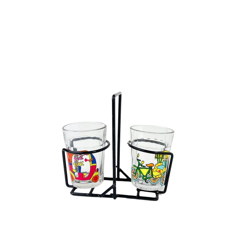 TOPSYTURVY Hand Crafted & Hand Designed Tapri Tea and Coffee Style Glass with Iron Stand (Set of 2, 90ml Each) | Colourful Tuk Tuk & Cycle Rickshaw Designs | Kulhad Cups | Cutting Chai Glasses Set