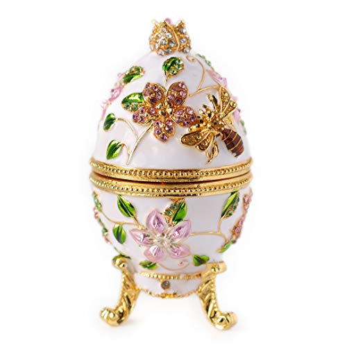 Apropos Hand- Painted Vintage Style Bee and Flowers Faberge Egg with Rich Enamel and Sparkling Rhinestones Jewelry Trinket Box (White)