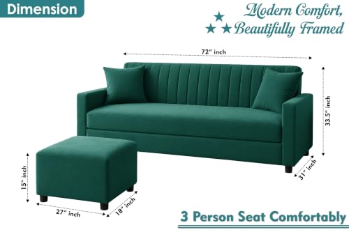 Image of 3 Seater Wooden Sofa Set with Ottoman for Living Room | Premium Velvet Fabric Wooden Frame | Modern Design | Comfortable Cushioned Sofafor Home, Office & Lounge | Green