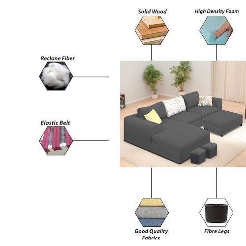 Image of Koza LHS 4 Seater L Shape Sofa Set with Center Table for Living Room (Black Fabric) Premium Fabric Sofa