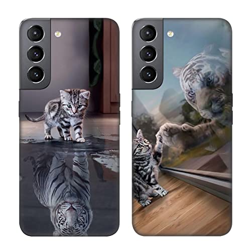 DiaryTown 2 Pièces pour Coques Samsung Galaxy S22 5G Housse Protection avec Motif Animal Mince Coque Etui Noir en Silicone Antichoc TPU Souple Bumper Gel Case pour Galaxy S22 5G - Chat & Tigre Cover