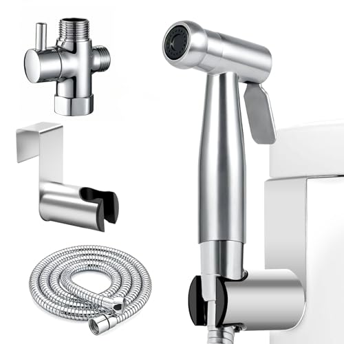 Bidet Handbrause Set, Handbrause Bad Bidet für Toilette, Edelstahl Duschkopf Bidetaufsatz mit 3 Wege Wasserhahn und 1.5M Federschlauch für Reinigung, Toilette, WC, Persönliche Bidet Handbrause Set, Handbrause Bad Bidet für Toilette, Edelstahl Duschkopf Bidetaufsatz mit 3 Wege Wasserhahn und 1.5M Federschlauch für Reinigung, Toilette, WC, Persönliche