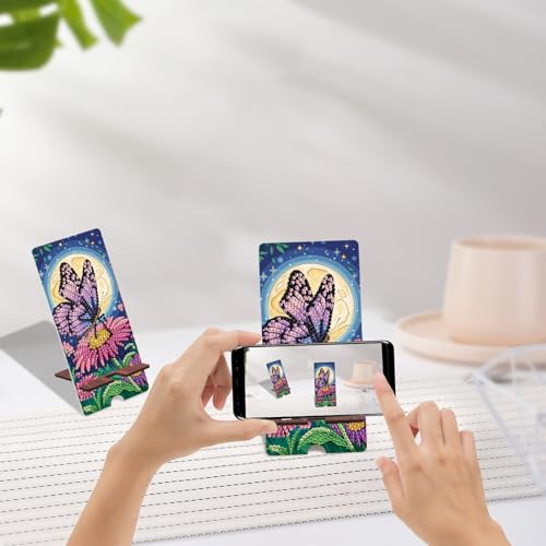 Image of Butterfly Diamond Painting Phone Stand with Mirror, Floral DIY Wooden Diamond Art Desktop Holder, 2-in-1 Multi-Functional Tabletop Ornament for Home and Office