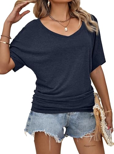 Image of Hilinker Womens Sexy Off The Shoulder Tops Short Batwing Sleeve T Shirt Oversized Casual Tee