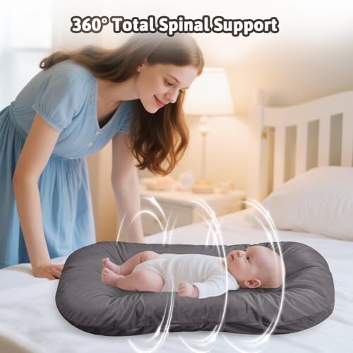 Image of Baby Lounger, Baby Lounger for Newborn 0-24 Months, 100% Breathable Cotton Baby Nest for Tummy Time & Diaper Changes, Portable Infant Essentials for Home & Outdoor(Dark Gray)