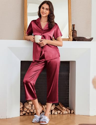 Image of Ekouaer Womens Satin Pajamas Silk Capri Pjs 2 Piece Lounge Sets Short Sleeve Button Down Sleepwear