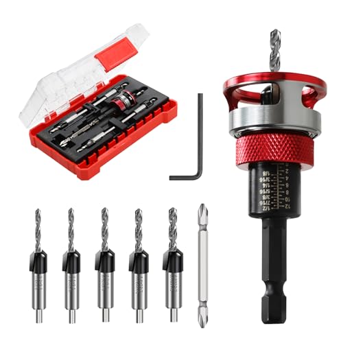 7-Piece Countersink Drill Bit Set with Aluminum Alloy Stop Collar, a Screwdriver Bit, 5 HSS M2 Tapered Bits and a Wrench, 1/4' Hex Shank Countersink Drill Bit for Woodworking