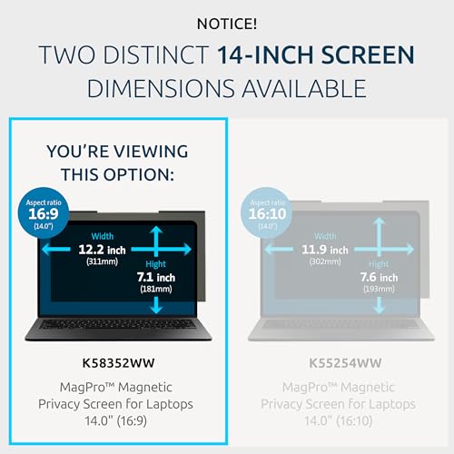 Image of Kensington MagPro Magnetic Laptop Privacy Screen 14 inch, Removable 16:9 Laptop Privacy Filter, Anti-Glare, Blue Ray Reduction, Dell Latitude 5420, HP Elitebook 840 G6-G8, Lenovo, Asus (K58352WW)