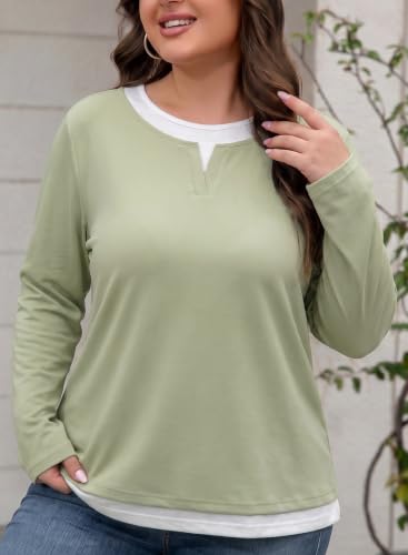 Image of Eytino Women Plus Size Fall Tops Patchwork Shirts(1X-5X) | Casual Crewneck Long Sleeve,Fashion Color Block Basic Tees,Loose Fit Blouse