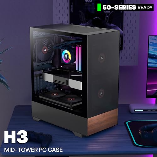 Image of KEDIERS PC CASE ATX 3 Case Fans Pre-Installed, Mid Tower Computer Case with Tempered Glass, Printed Walnut Wood Panels,Support 360mm Radiator,Black Gaming Desktop Case (H3)