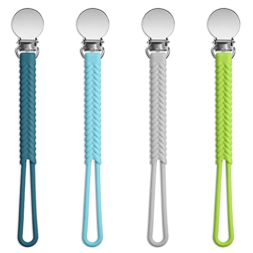 Image of Nuanchu 4 Pcs Silicone Pacifier Clips for Boy Girl Teething Ring Pacifier Holder Flexible Baby Pacifier Clip for Teething Relief and Baby Essential, Safe for Newborn(Navy Blue, Blue, Gray, Green)
