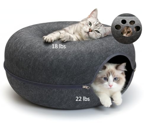 Peekaboo Cat Tunnel with Cute Paw Window Large Indoor Donut Cat Cave for Play & Nap Random Zipper Color (White/Charcoal Gray) Scratch-Resistant & Hand-Washable Dark Gray