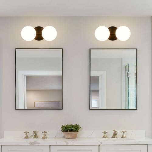 Image of Black Globe Wall Sconce,Vanities Lights with 2 Milk Glass Shades | 6 inch Modern Spherical Vanity Sconces,Contemporary Small Brass Ball Lights Fixture for Entryway Bedside Bathroom,E26 Base