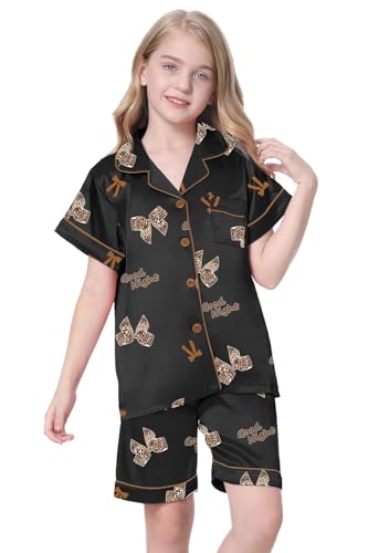 Image of Schbbbta Girls Womens Pajamas, Satin Silky Pjs Set Kids 2Pcs Button-Down Nightwear Sleepwear Gift for Mommy and me