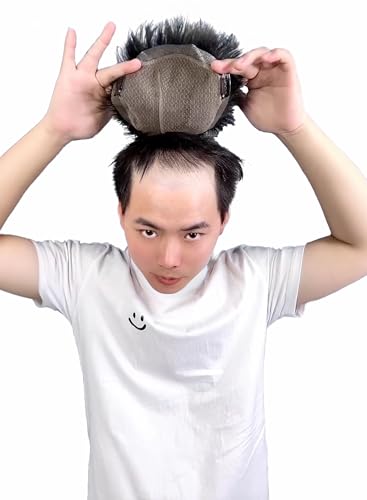 HARSW 部分かつら 人毛100% 総手植え 人工肌 男性用 かつら メンズ 黒 部分ウィッグ ウィッグ 自然 トップカバー 通気性 トップピース 頭頂部 増毛 ハゲ隠し 薄毛隠し ツイストパーマ20x22