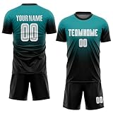 Personalized Green and Black Gradient Soccer Jerseys, Design Sports Uniforms for Men Women Youth, Custom Football T Shirt and Shorts Sets with Team Name Number Logo Print Front and Back