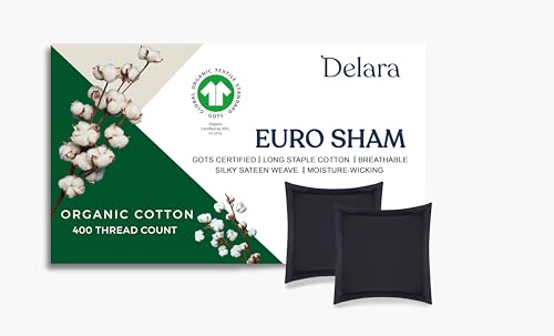 Delara GOTS Certified 100% Organic Cotton Euro Sham Pack of 2, 400 Thread Count, Long Staple Cotton, Ultra Soft, Silky, Moisture-Wicking, Smooth & Breathable, Euro Sham