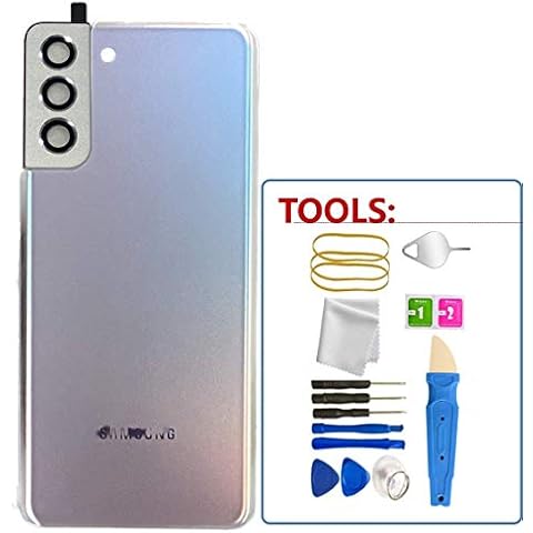 S21 Plus Back Glass Replacement with Lens Frame with Pre Installed Tape Cover Housing Door Panel Parts for Samsung Galaxy S21 Plus +Tools (Silver) Cover