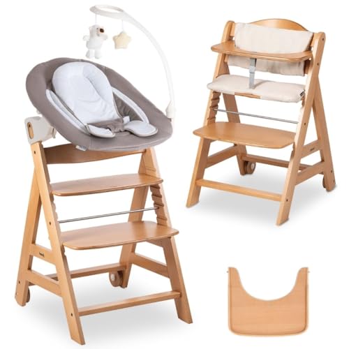 hauck Chaise Haute Bébé Beta Plus Set Deluxe - Évolutive avec Siège Amovible, Plateau Repas, Coussin Assise, Roulettes, Arceau de Jeu - Naturel Sable