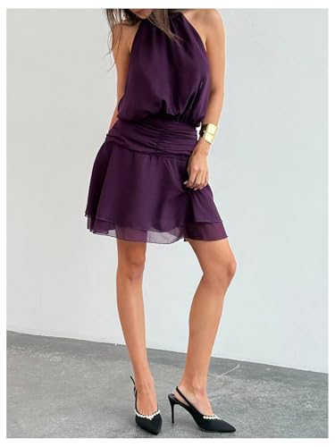 Image of Floerns Women's Summer Mini Dress Sleeveless Halter Backless Ruched Date Night Layered A Line Dresses