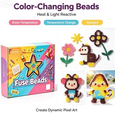 Fuse Beads Kit, 144 Colors Heat & Light Changing Beads, No Iron