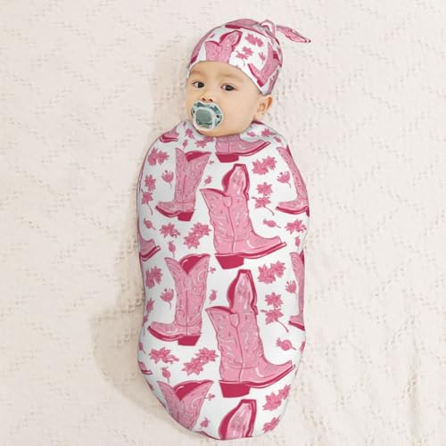 Image of Pink Cowgirl Boot Newborn Swaddle Blankets Hat Sets Soft Baby Receiving Blanket Swaddle Sack for Baby Shower Infant Boy Girl Gift