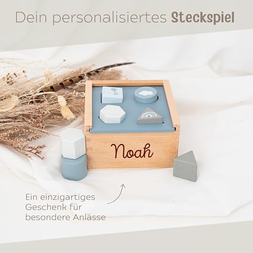 wunderwunsch Motorikspielzeug Steckspiel personalisiert Motorikwürfel für Kinder als Kinderspielzeug zum Lernen für Baby und Kleinkind individualisiert (blau)