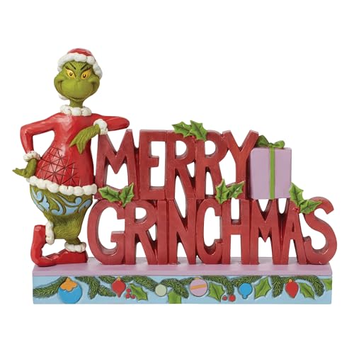 Enesco Dr. Seuss Grinch by Jim Shore Santa Grinch Merry Christmas Word Sign Grinch Figurine, Stone Resin Hand Crafted Collectible Christmas Figurines Home Decor Sculpture Statue, 7.09 Inch, Multicolor