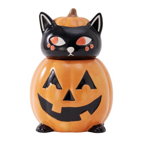Halloween Pumpkin Cat Cookie Jar, 2.11 Qt Earthenware