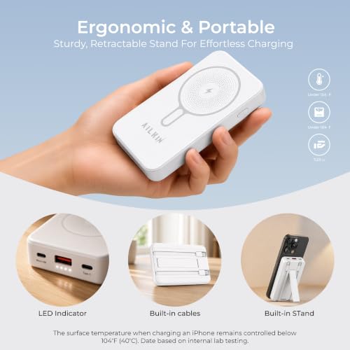Image of AILKIN 10000mAh Magnetic Wireless Power Bank, MagSafe Compatible Portable Charger, Fast Charging Mini Power Bank for iPhone 16 /15 /14 /13 Series & Android USB-C Devices- White