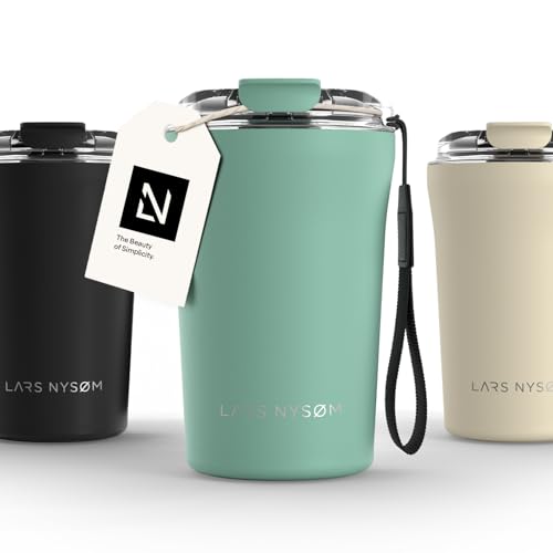 Image of LARS NYSOM Thermo Coffee Mug to go with Strap 13oz | Travel Mug 0.38 Liter with Insulation | Leak Proof Stainless Steel Thermal Tumbler for Coffee and Tea to Go (Aqua Turquoise, 12.9oz)
