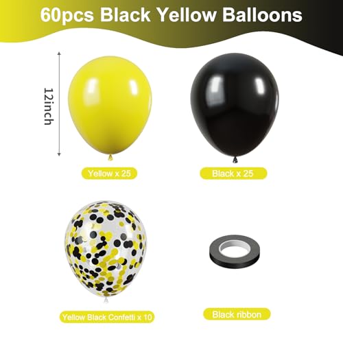 Image of KBZVNAF Black and Yellow Latex Balloons - 60 Pack 12 inch Yellow Black Confetti Party Balloons for Birthday, Baby Shower, Sunflower Bee Party Decorations