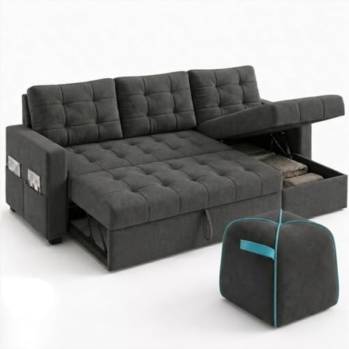 Image of CASASTYLE Sumur 5 Seater RHS L Shape Sofa with Pull Out Bed, Storage Lounger & Suri Pouf Ottoman | Soft Velvet Suede Fabric | Comfort Cushions | Ideal for Living Room, Hotel & Office (Dark Grey)