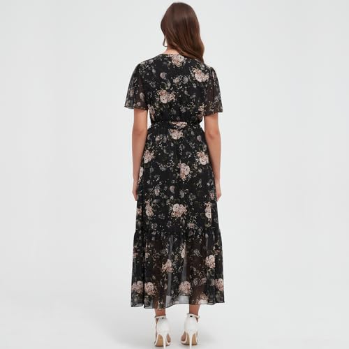 Image of Women's Summer Bohemian Floral Chiffon Dress Cap Sleeve V Neck Ruffle Long Flowy Boho Casual Vacation Dresses
