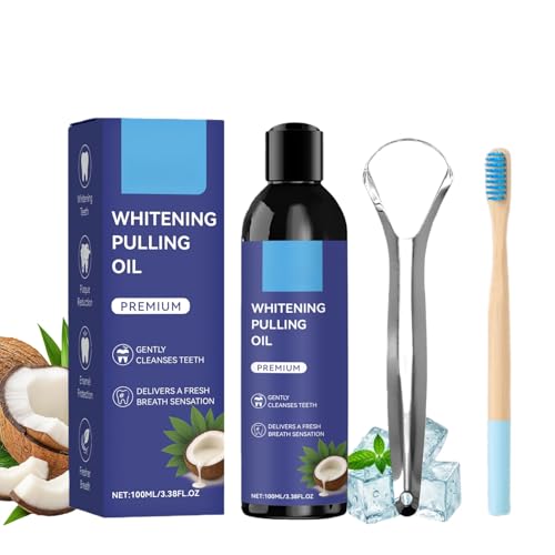 Coconut Oil Pulling Mouthwash for Teeth Whitening & Fresh Breath Natural Mint Fresh Breath Care Travel-Friendly Oral Care Teeth Whitening Mouthwash with Toothbrush and Tongue Scraper(100ml)
