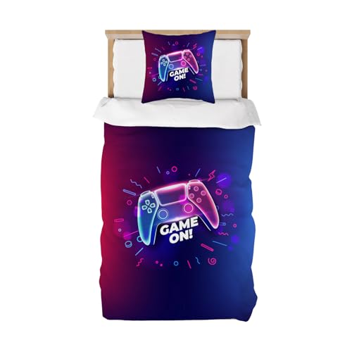 DJDEA Housse de Couette 140x200cm, Parure de Lit 1 Personne avec Fermeture Éclai avec Taie d'oreiller 65x65cm, Gamer Gamepad Rouge Bleu, Adolescents Kids Bedding Set,...