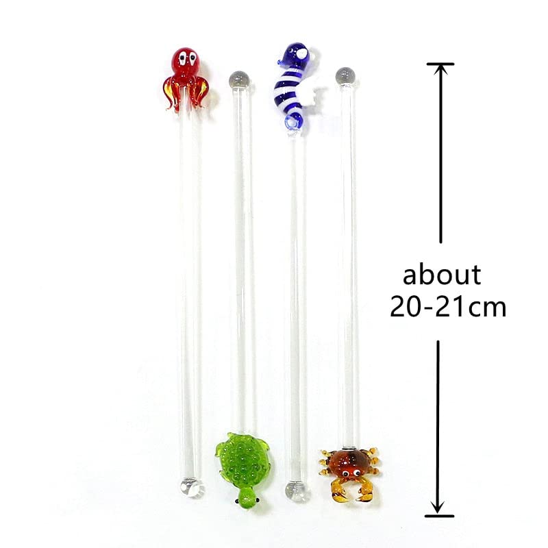 4pcs Handmade Glass Cocktail Swizzle Sticks with Octopus Turtle Sea Horse Crab Mini Figurine Decor Milk Drink Muddler Stirrer
