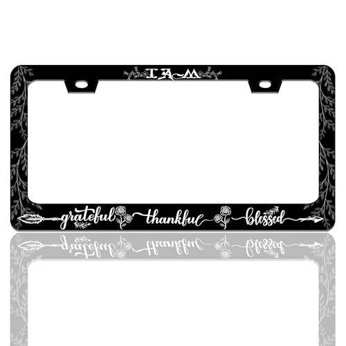 Grateful Thankful Blessed License Plate Frame Christian Stainless Steel License Plate Holder for Front and Rear Car Tags Funny for Car Decoration Accessories with Screws 6.3 X 12.2 in for Women Men