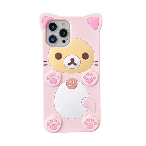 Ultra Thick Soft Silicone Case for Apple Teddy Bear Animal 3D Cartoon Japanese Cute Lovely Adorable Kawaii Kids Girls Women (Pink, for iPhone 14) - for iPhone 14 - Pink